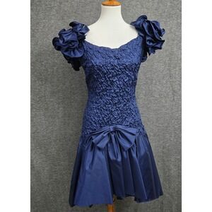 Vtg Union Made Dress Small Blue 80s Prom Party Cocktail Puff Sleeve Drop Waist